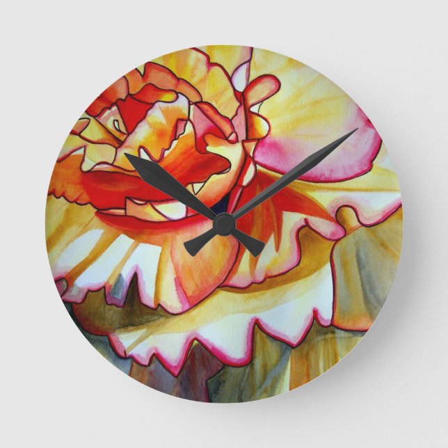 Yellow Begonia flower watercolour original art Round Clock (Front)