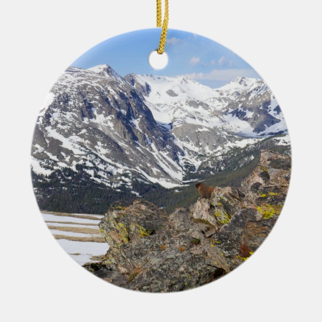 Yellow-Bellied Marmot Gazing at Rocky Mountains Ceramic Ornament (Front)