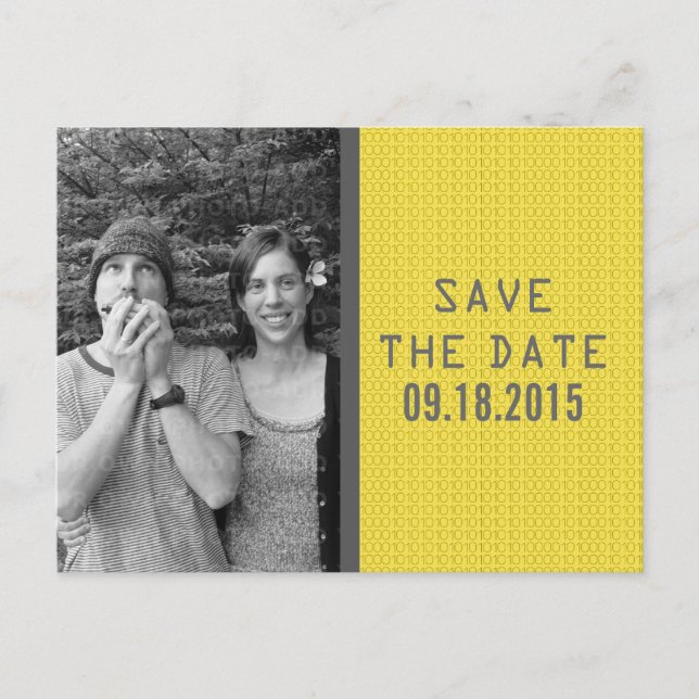 Yellow Binary Code Photo Save the Date Postcard (Front)