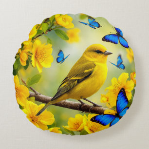 🐦 Yellow Bird Artistic Nature Home Decor 🌿✨ Round Pillow