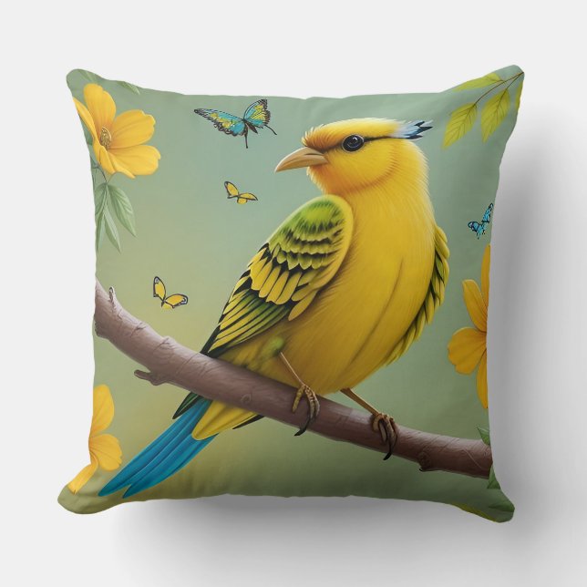 🐦 Yellow Bird Branch Pillow Nature Accent Decor  (Front)