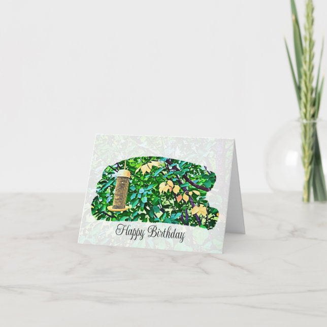 Yellow Bird Feeder Folded Birthday Greeting Card (Front)