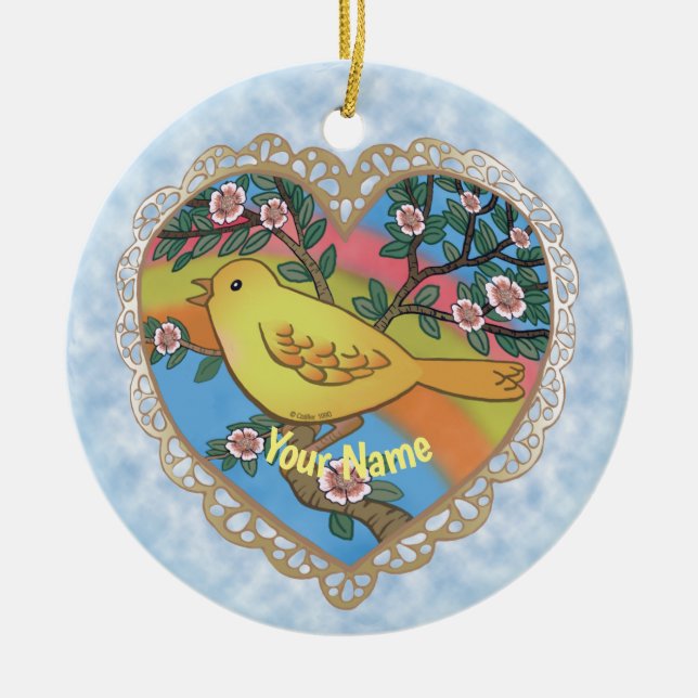 Yellow Bird Heart  custom name Ceramic Ornament (Front)