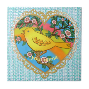 Yellow Bird Heart Grandma custom name  Tile