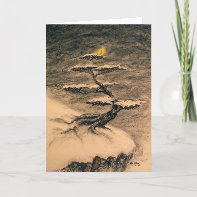 yellow bird in a bonsai tree covered in snow holiday card (Front)