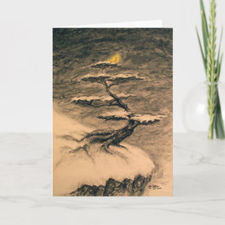 yellow bird in a bonsai tree covered in snow holiday card