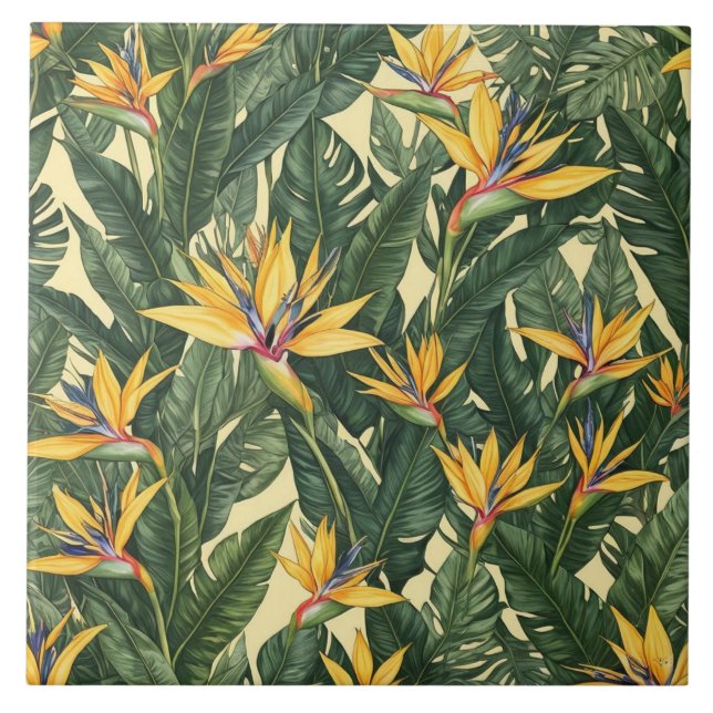 Yellow Bird of Paradise flower pattern Tile (Front)