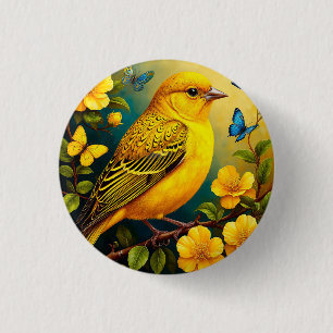 Yellow Bird Perched Among Bright Blossoms 1 Inch Round Button