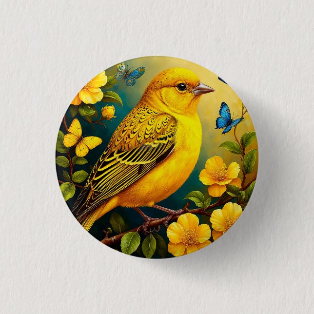 Yellow Bird Perched Among Bright Blossoms 1 Inch Round Button (Front)