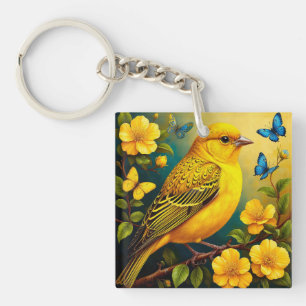 Yellow Bird Perched Among Bright Blossoms Keychain