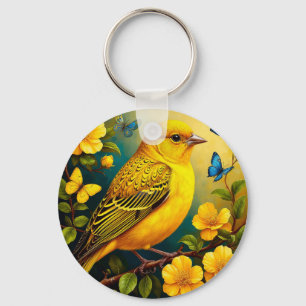 Yellow Bird Perched Among Bright Blossoms Keychain