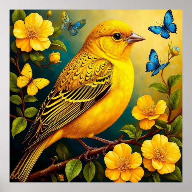 Yellow Bird Perched Among Bright Blossoms Poster (Front)