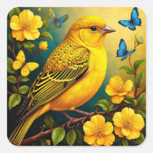 Yellow Bird Perched Among Bright Blossoms Square Sticker