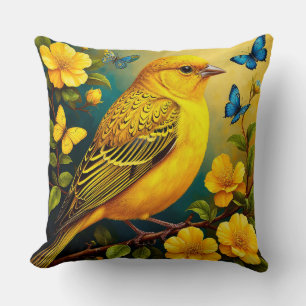 Yellow Bird Perched Among Bright Blossoms Throw Pillow