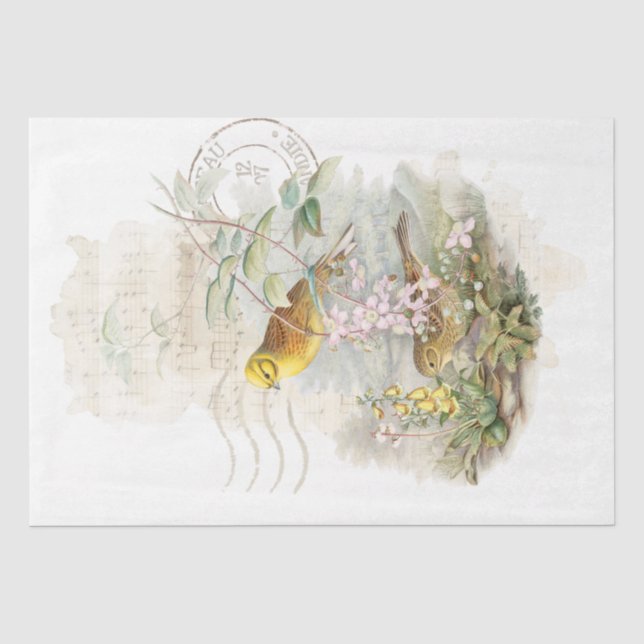 Yellow Bird Postmark Music Flower Decoupage        Tissue Paper (Front)