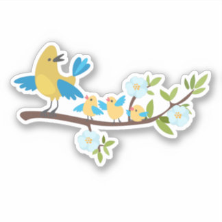 Yellow bird with chicks on a flowering branch
