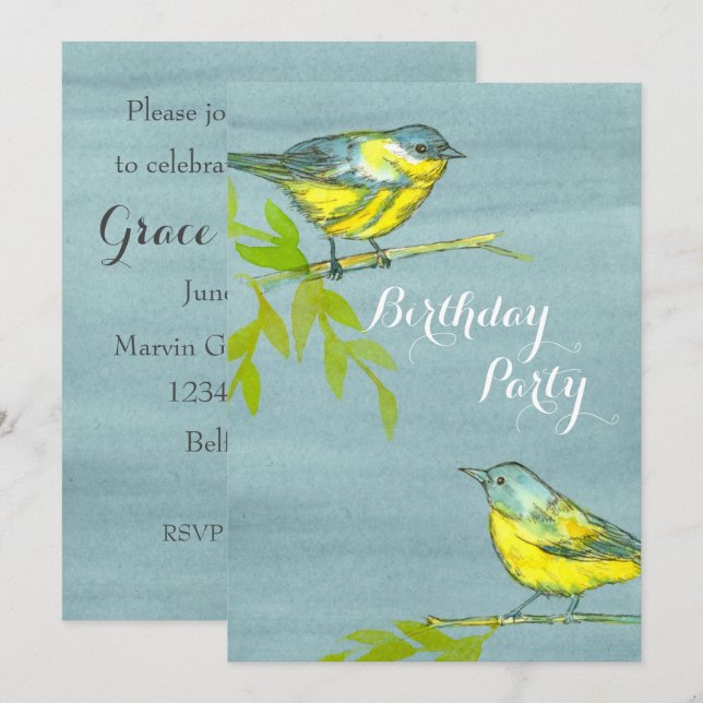 Yellow Birds Grey Birthday Party Invitation (Front/Back)