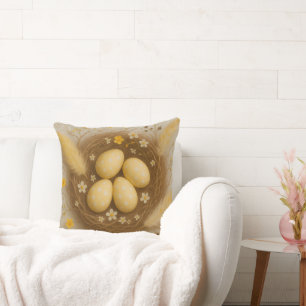 Yellow Birds Nest with Baby Eggs Flowers Feathers Throw Pillow