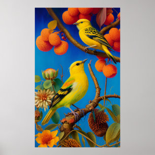 Yellow birds on a tree branch poster