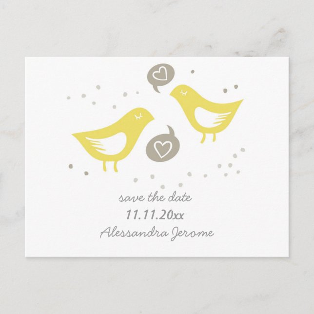 yellow birds talking about love std horizontal announcement postcard (Front)