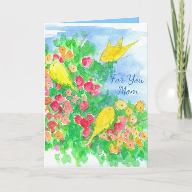 Yellow Birds Watercolor Flowers Happy Mother's Day Card (Front)