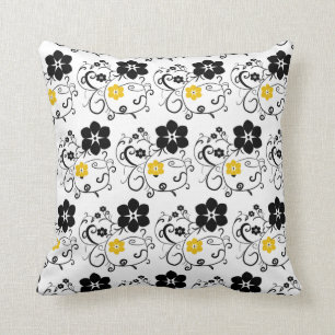 Yellow & Black Abstract Floral Pattern Throw Pillow