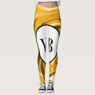 Yellow Black acrylic pour marble add name monogram Leggings