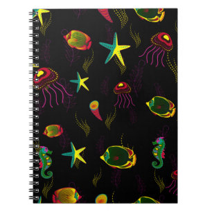 Yellow, black and brown fish seamless pattern. abs notebook