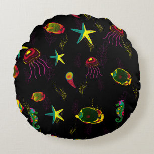 Yellow, black and brown fish seamless pattern. abs round pillow