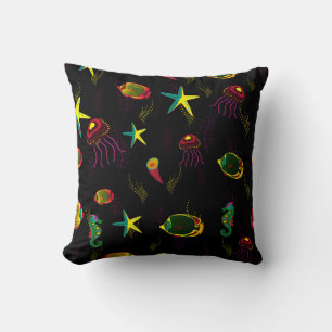 Yellow, black and brown fish seamless pattern. abs throw pillow