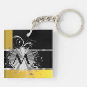 Yellow black and silver monogram keychain