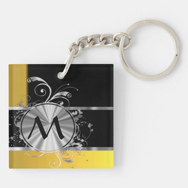 Yellow black and silver monogram keychain (Back)