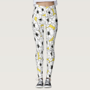 Yellow, Black and White Anemone Flower Pattern Leggings