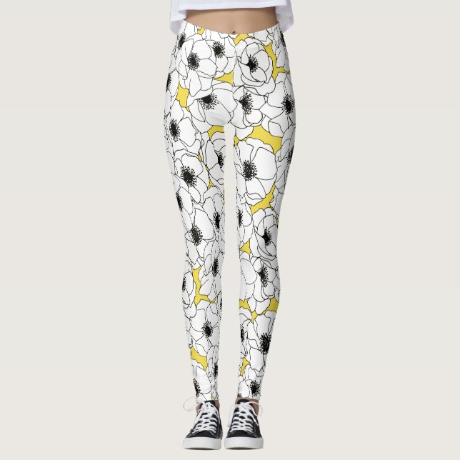 Yellow, Black and White Anemone Flower Pattern Leggings (Front)
