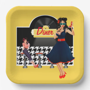 Yellow black and white checkered 1950s paper plate