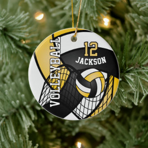 Yellow, Black and White Personalize Volleyball  Ceramic Ornament