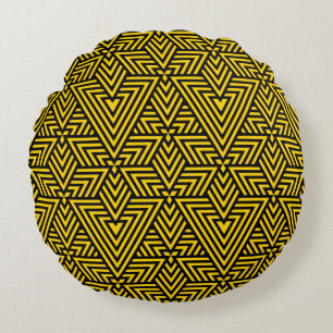 Yellow & Black Art Deco Triangle Seamless Pattern Round Pillow