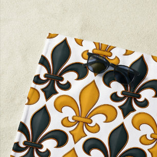 Yellow Black Baroque Fleur-de-lis Pattern Design Beach Towel