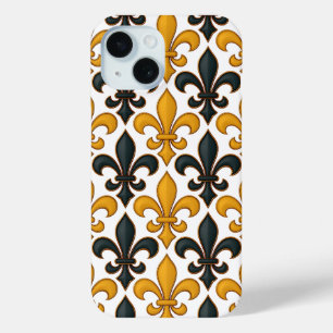 Yellow Black Baroque Fleur-de-lis Pattern Design  iPhone 15 Case