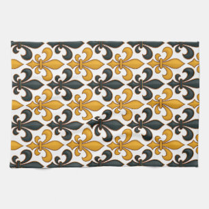 Yellow Black Baroque Fleur-de-lis Pattern Design Kitchen Towel