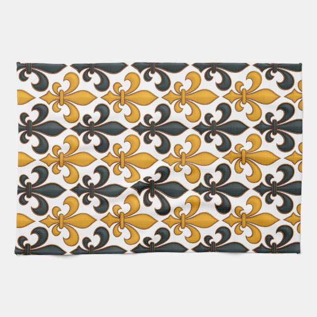Yellow Black Baroque Fleur-de-lis Pattern Design  Kitchen Towel (Horizontal)