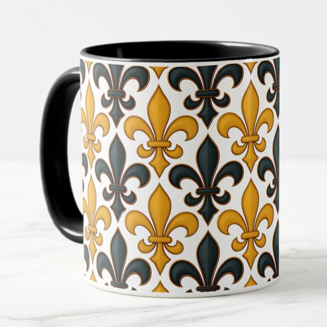Yellow Black Baroque Fleur-de-lis Pattern Design  Mug (Creator Uploaded)