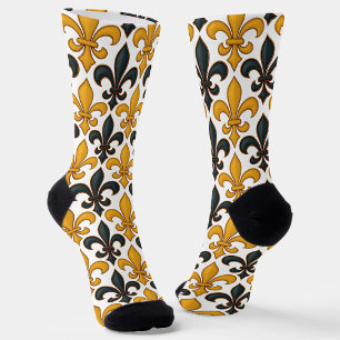 Yellow Black Baroque Fleur-de-lis Pattern Design Socks