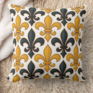 Yellow Black Baroque Fleur-de-lis Pattern Design  Throw Pillow