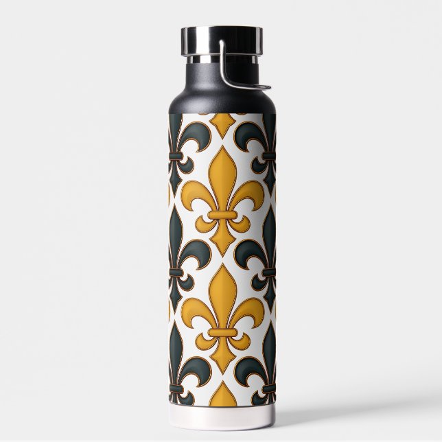 Yellow Black Baroque Fleur-de-lis Pattern Design  Water Bottle (Left)