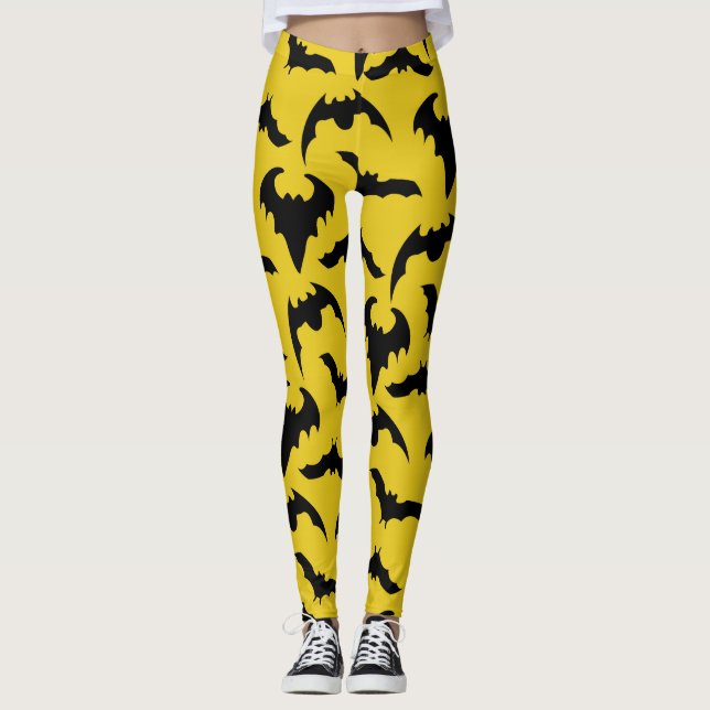 Yellow & Black Bats Halloween Leggings (Front)