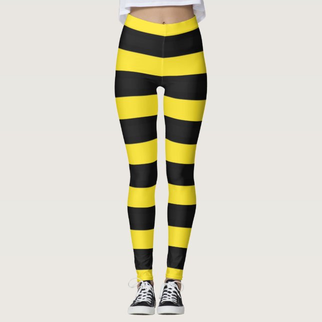 Yellow & Black Bee-Like Stripes Leggings (Front)