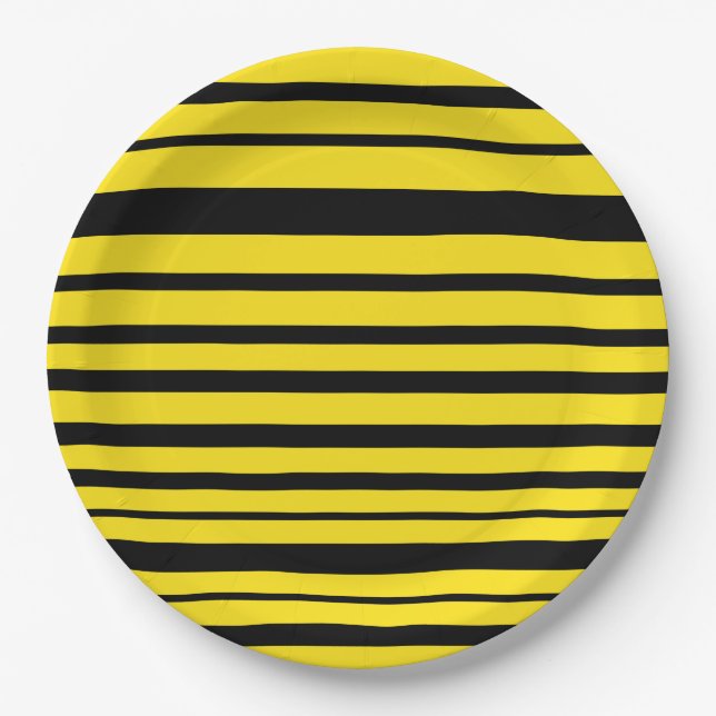 Yellow & Black Bee-Like Stripes Pattern Paper Plate (Front)