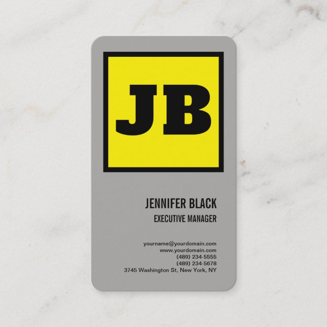 Yellow Black Bold Monogram Minimalist Modern Plain Business Card (Front)