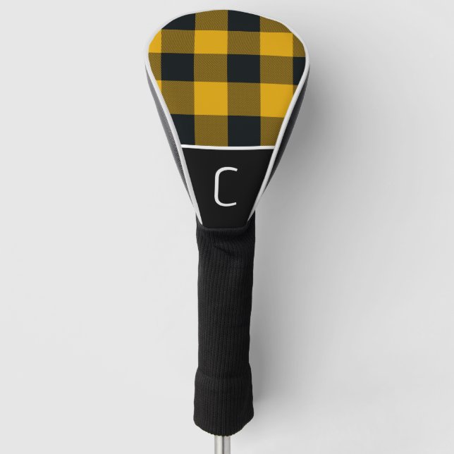 Yellow & Black Buffalo Plaid Chequered Pattern Golf Head Cover (Front)